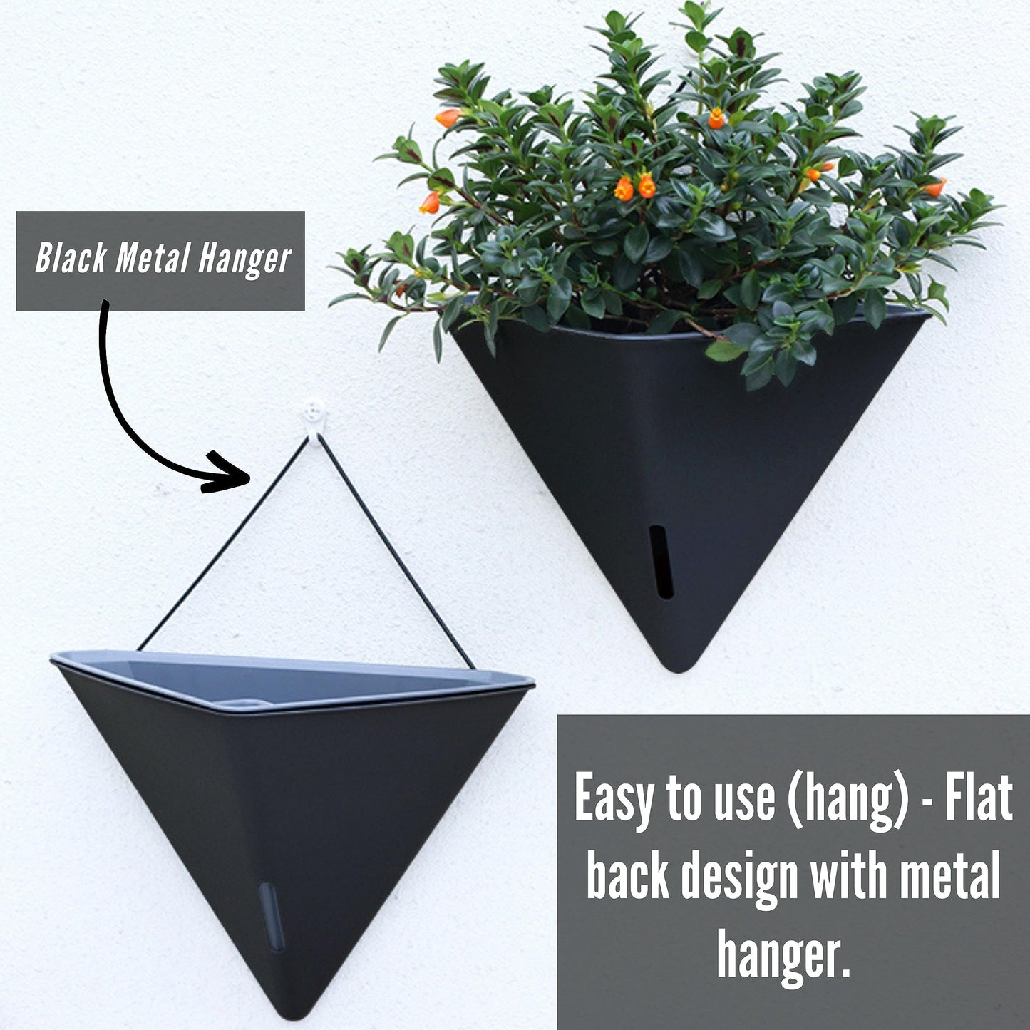 LaLaGreen Bundle - 12" x 4 Pack Black + 12" x 2 Pack White Large Self Watering Geometric Hanging Flower Vase Vessel with Metal Hanger, Modern Stylish Wall Mounted Succulent Pot Holder Decor