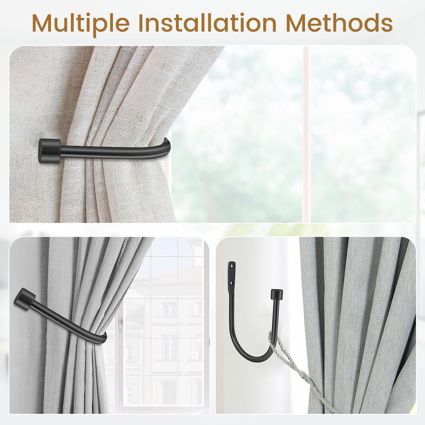 HIKMLK Minimalist Curtain Holdbacks 2pcs, 100% Cast Iron Solid Heavy Duty Metal Curtain Tieback Side Holders for Wall, Curtain Tie Hook Pull Backs for Drapes Window Home Decoration（Matte Black）