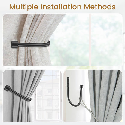 HIKMLK Minimalist Curtain Holdbacks 2pcs, 100% Cast Iron Solid Heavy Duty Metal Curtain Tieback Side Holders for Wall, Curtain Tie Hook Pull Backs for Drapes Window Home Decoration（Matte Black）