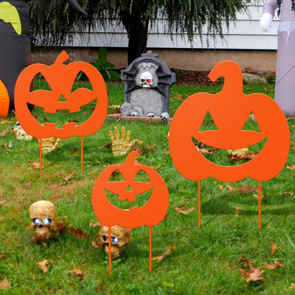 Lingvee 3 Pack Halloween Decorations Outdoor Metal Halloween Garden Stakes Metal Ghost Pumpkins Black Cat Yard Signs Decor for Outside Garden Lawn Porch Patio Party Decorations(Pumpkin Style)