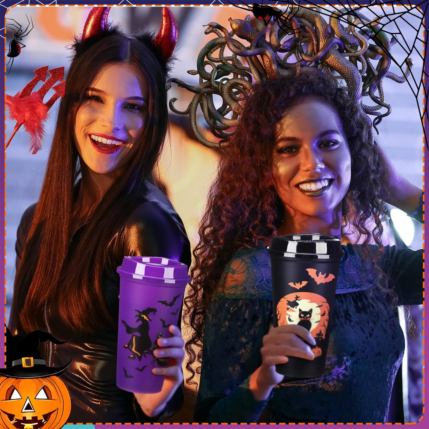 Pickmesh 12 Pack Halloween Reusable Coffee Cup Gift Bulk 16 oz Witch Bat Pumpkin Black Cat Horror Pattern Tumblers with Lid Plastic Cups Travel Coffee Mug Thank You Gifts for Hot and Cold Drinks