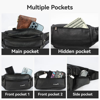 Leather Fanny Pack for Men Women,Genuine Leather Waist Belt Bag with Adjustable Strap Belt Hip Bag with Multi-Pockets for Travel Sports Running Cycling Hiking(Black)
