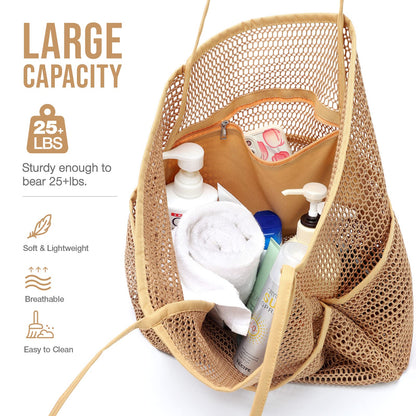 KPX Beach Bag with Mini Pocket, Summer Beach Tote Bags for Women Large Foldable Mesh Swimming Pool Travel Bags - Sandproof(Khaki)
