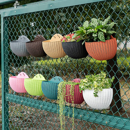 Hanging Planter Pot, Wall and Railing Hanging Planters with S Hooks, Half Round Imitation Rattan European Style Wall Flowerpot Rustic Decorative Flower Basket for Home(#2pcs 26 * 20.5cm Wine red)
