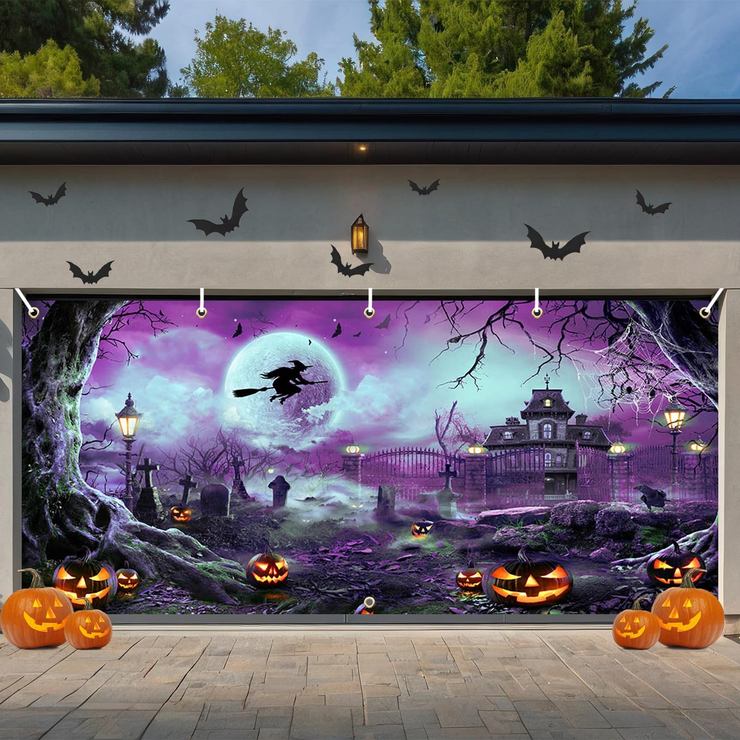 Avezano 6x13 ft Halloween Garage Door Banner Halloween Full Moon Scary Night Castle Pumpkins Garage Door Cover Backdrop Spooky Witch Cemetery Party Decorations (Purple)