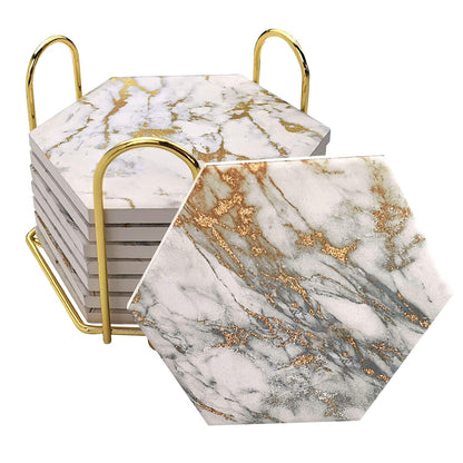Coasters Set of 8 with Metal Holder Stand, Marble Design Ceramic Coaster Set, Cork Base, Gold Home Decor for Tabletop Protection, Gold Decor, Bar Cart Accessories (Golden)