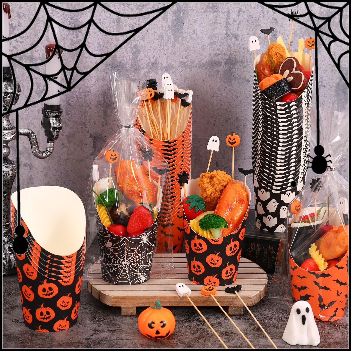 Whaline 100 Sets Halloween Charcuterie Cups with Sticks Bags Twist Ties 14Oz Black-Orange Ghost Pumpkin Bat Spider Web French Fry Holder for Trick or Treat Party Supplies