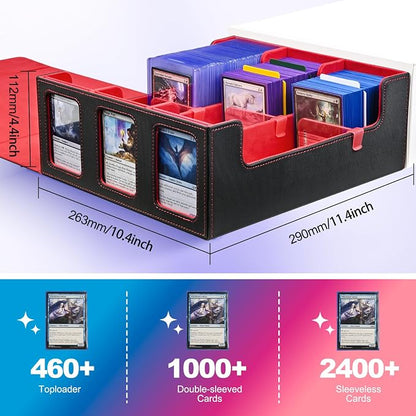 UAONO Card Storage Box for Trading Cards, 1800+ Commander Deck Box for MTG with Display Window, Toploader Card Case fits Magic TCG PTCG Sports Cards; 10 Removable Divider, 3 Stoppers (Black, Red)