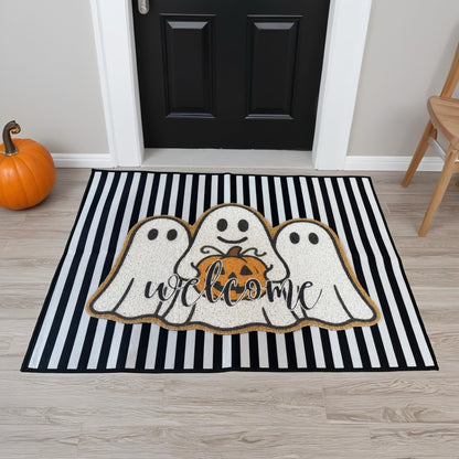 2 Pcs Halloween Welcome Door Mats, Ghost Outdoor Polypropylene Coir Mat with White Ghosts & Pumpkin, Black White Stripe Crystal Velvet Non-Slip Rug for Front Porch Entryway