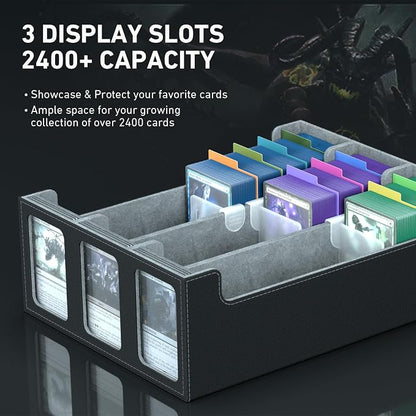 3-Row Trading Card Storage Box, Bulk Cards Case for 2400+ Mtg tcg Magic Playing Game Card Organizer, Commander Deck Box with 3 Supports & 24 Dividers