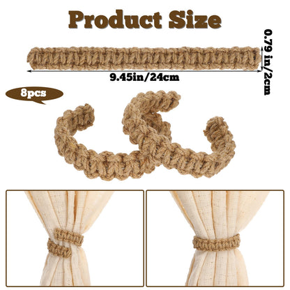 8 Pack Braided Curtain Tieback Rustic Drapes Holdback Boho Curtain Tie Backs Farmhouse Curtains Tie Holder Handmade Drape Rope Tieback for Home Office Sheer Weight Decor Drapery Straps Indoor
