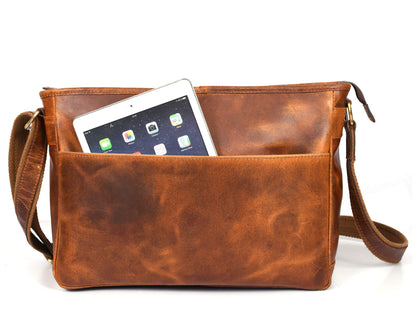 16" Crossbody Bag Leather Laptop Messenger Bag For Men with trolley sleeve for school office (Caramel)