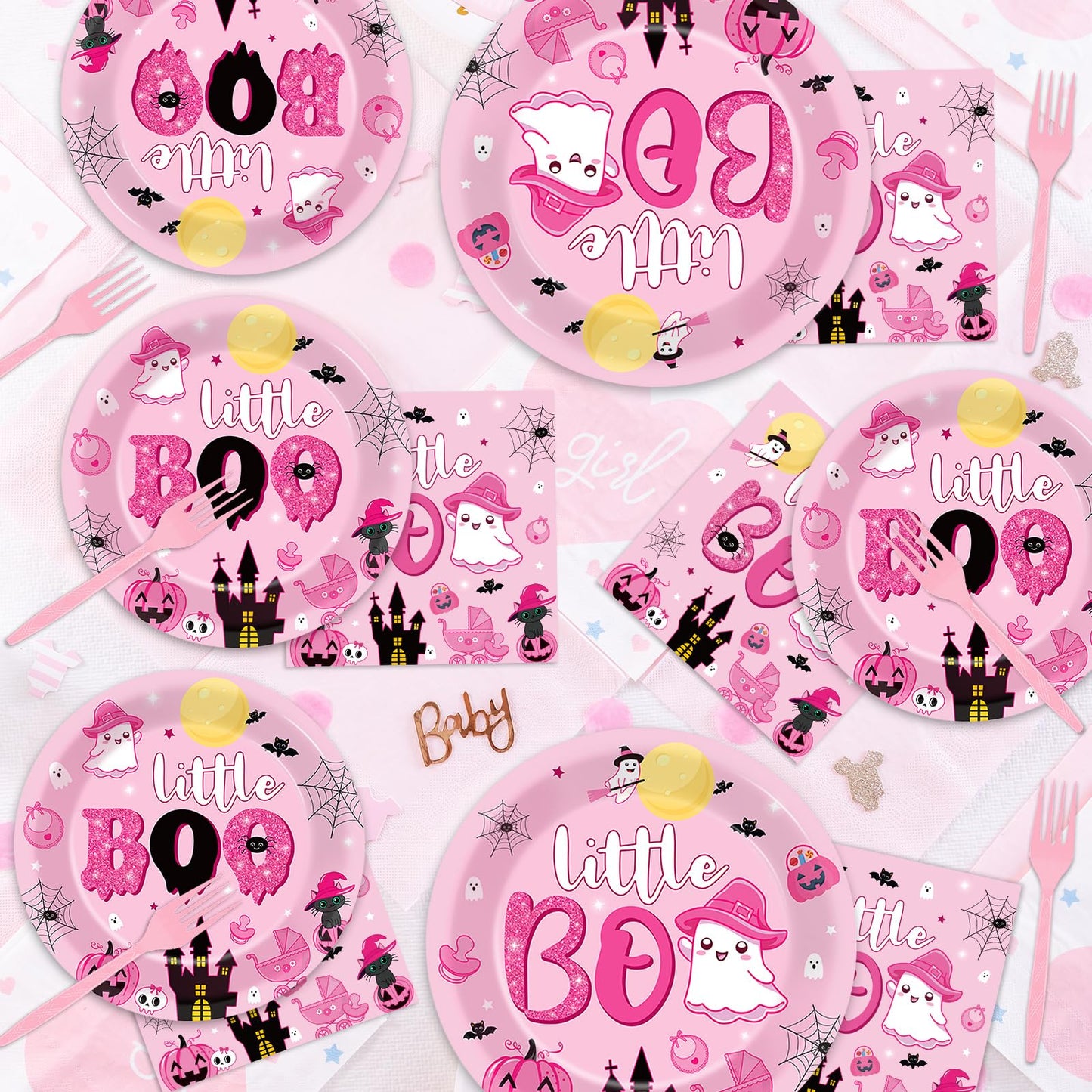 ZOIIWA 96PCS Halloween Little Boo Baby Shower Party Tableware Set for Girls Ghost Party Supplies for 24 Guests Disposable Pink and Black Boo Dinnerware Plates Napkins Forks for Halloween Party Favors