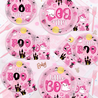 ZOIIWA 96PCS Halloween Little Boo Baby Shower Party Tableware Set for Girls Ghost Party Supplies for 24 Guests Disposable Pink and Black Boo Dinnerware Plates Napkins Forks for Halloween Party Favors