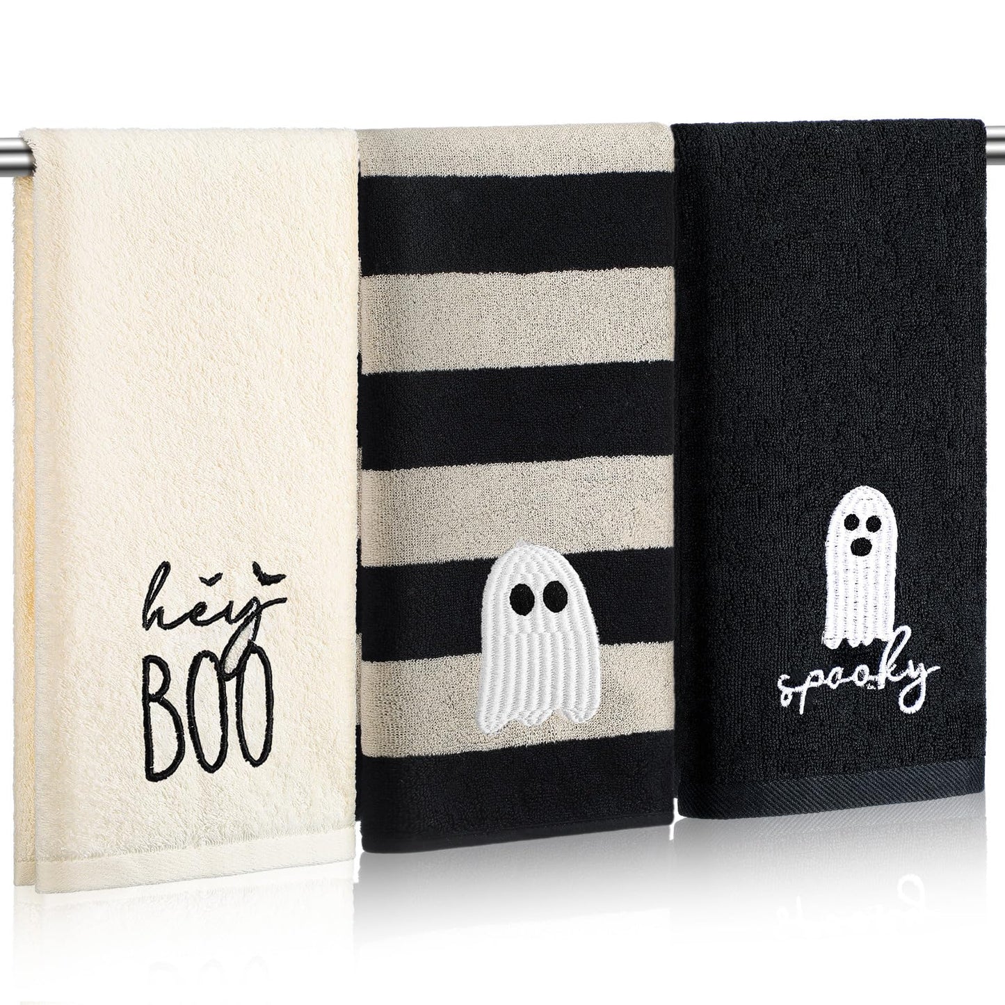 SmoothNovelty 3 Pcs Halloween Ghost Hand Towels for Bathroom Cotton Embroidered Rodeo Kitchen Towels 13.3" x 29.5" Rustic Gifts for Bath Shower Farmhouse Decors Housewarming Gift(Black)