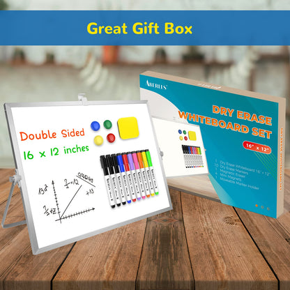 Dry Erase White Board, 16inX12in Large Magnetic Desktop Whiteboard with Stand, 10 Markers, 4 Magnets, 1 Eraser, Portable Double-Sided White Board Easel for Memo to Do List Desk Office