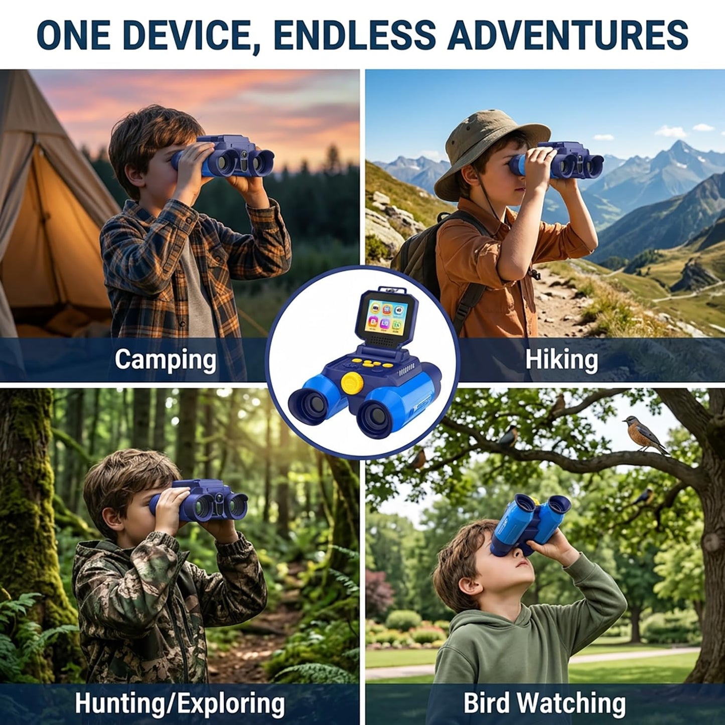 OAEBLLE Kids Binoculars with Night Vision Camera, 10X Zoom Digital Adventures Telescope with 2.4" IPS Screen, Nature Explorer STEM Toys for Bird Watching Camping, Gifts for Boys Girls Age 4-12 - Blue
