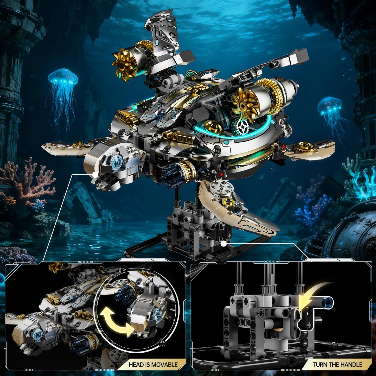 Myth Qholve Mechanical Turtle Building Block with Hand Crank & Motor Dual Drive Gear Motion Steampunk＆Educational Construction Set for Adults Teens and Model Enthusiasts