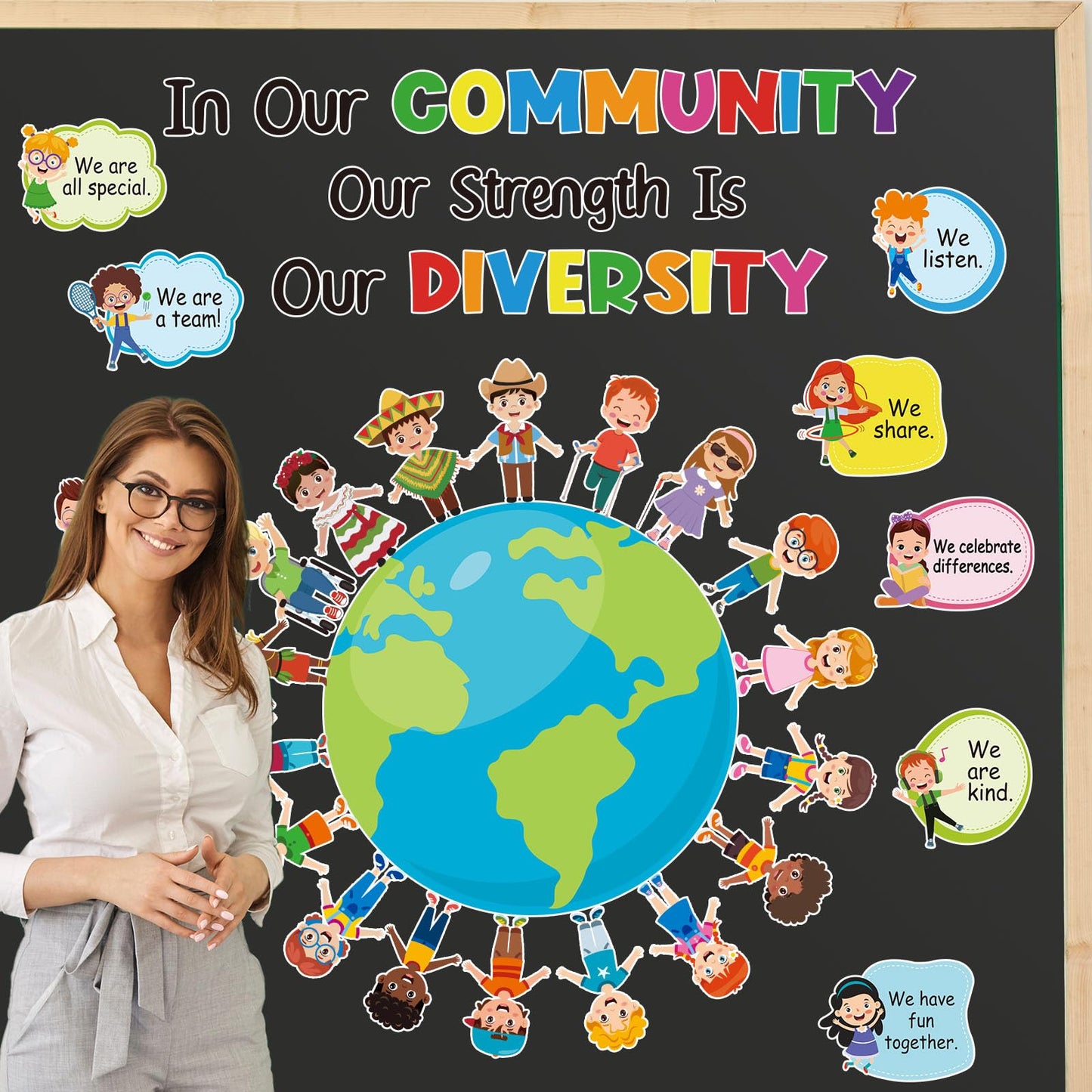 HIQINLUG Diversity Strength Bulletin Board Decorations Set - Diversity Classroom Decor, Multicultural Bulletin Board, Earth Day Classroom Decor, Paper Cutouts, Wall Art