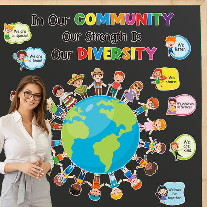 HIQINLUG Diversity Strength Bulletin Board Decorations Set - Diversity Classroom Decor, Multicultural Bulletin Board, Earth Day Classroom Decor, Paper Cutouts, Wall Art