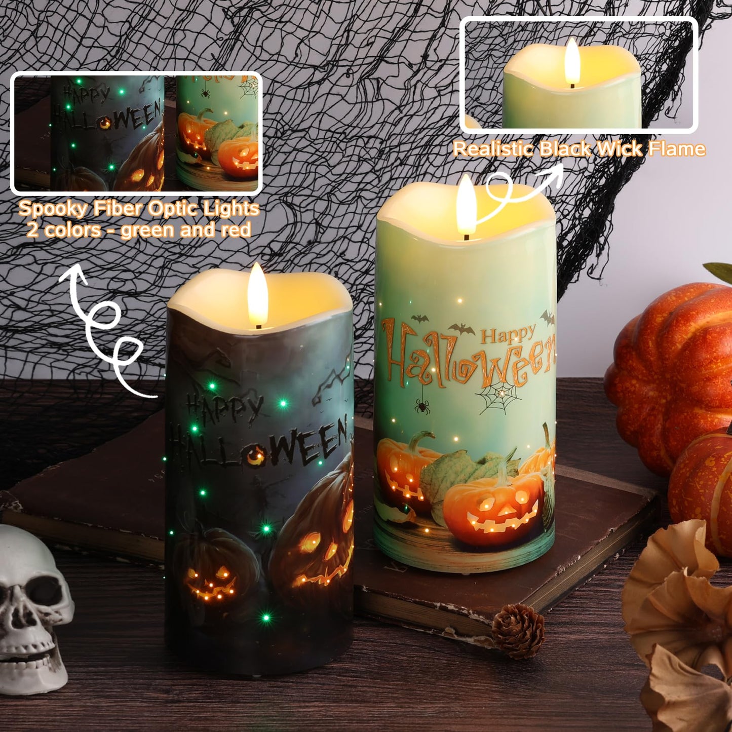 Eywamage Fiber Optic Halloween Flameless Candles, Spooky Pumpkin LED Pillar Candles with Remote, Battery Operated, Set of 2