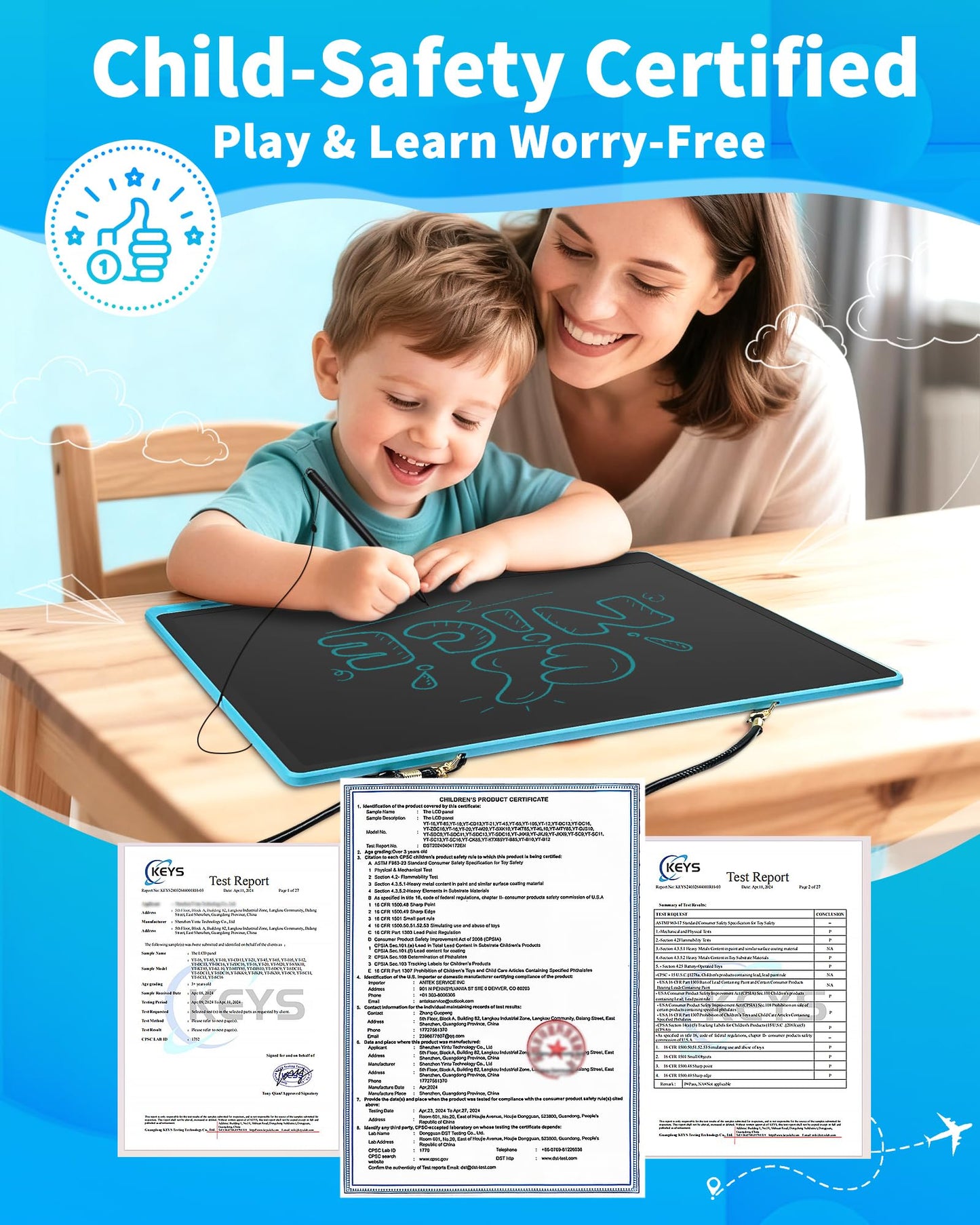 [Rechargeable] 20 Inch LCD Writing Tablet for Kids, Extra-Large Drawing Tablet for Adults, Educational & Learning Toys for Boys Girls Ages 8-12 Years Old, Drawing Board for Kids Birthday Gift (Blue)