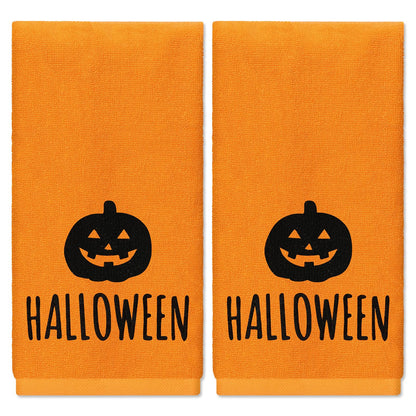 JarThenaAMCS 2Pcs Halloween Pumpkin Hand Towels Orange Black Embroidered Cotton Bathroom Towels Decorative Dish Towel for Drying Cleaning Cooking Holiday Decor, 29.5 x 13.8 Inch