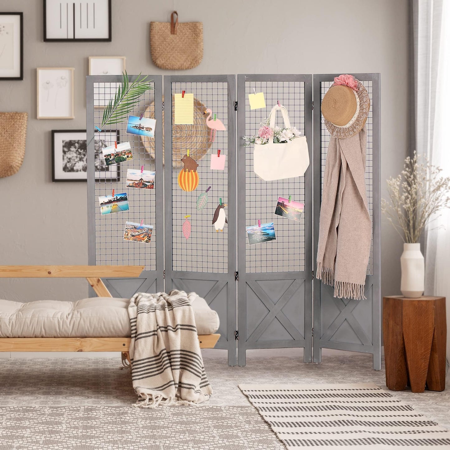 Wnutrees 4 Panel Gridwall Display, Portable Freestanding Display Board for Craft/Art Shows, Retail, Events, Decorative Wood Room Divider Folding Screens, Grey