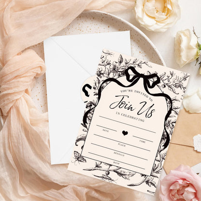 Whaline 25 Pack Black Bow Floral Invitations with Envelopes Stickers Vintage Bowknot Flower Invitation Cards Blank Invites for Coquette Celebration Party Supplies, 5 x 7 Inch