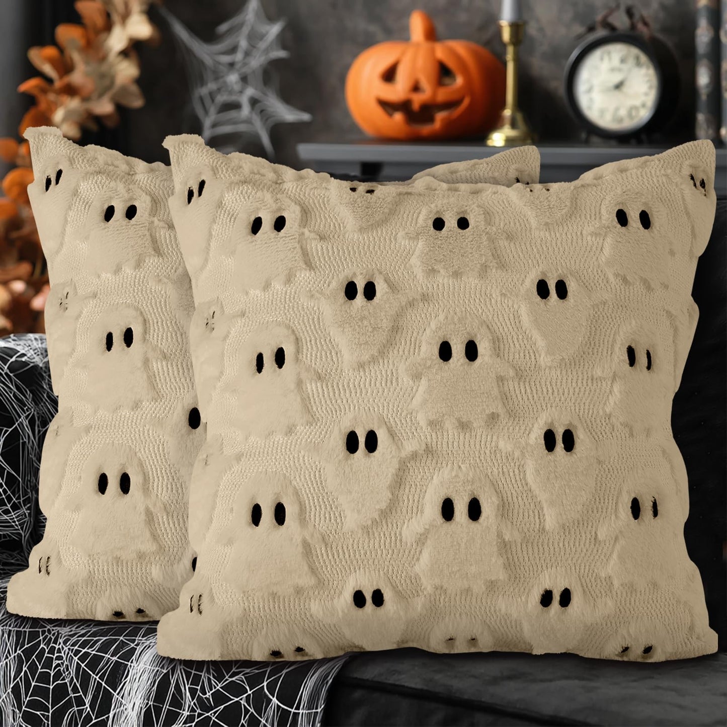 Lanpn Halloween Pillow Covers 18x18 Set of 2, Ghost Throw Pillowcases Soft Plush Faux Fur Wool Decorative Pillow Cover 18x18 Cushion Covers for Sofa Couch Chair Bed Halloween Home Decor (Beige)