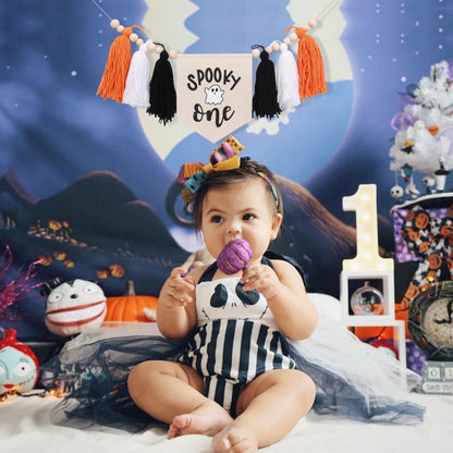 WAOUH Halloween 1st Birthday Decorations - Spooky One High Chair Banner,Cake Smash Halloween Spooky Banner,Ghost First Birthday High Chair Tassel Banner,Spooky Baby Birthday Photo Props