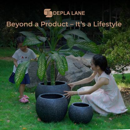 DEPLA LANE Marlo Fiberstone Round Planter (8.5" Pot Opening x 12..6"D x 9.8"H) Ribbed Finishes, Lightweight, Durable, UV Resistant, Modern Minimalist Home Decor, Indoor Outdoor Pot (S, Ribbed Black)