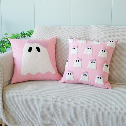 vctops Halloween Pillow Covers, Halloween Decorations Cute Ghost Spooky Tufted Throw Pillow Cases Soft Cotton Couch Cushion Case for Chair Sofa Bedroom Living Room Home Decor (Pink C,18"x18")