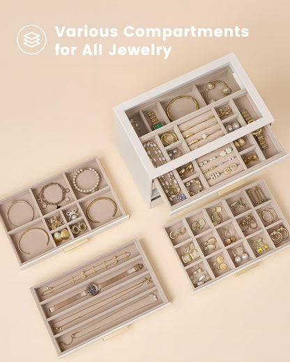 Lolalet Jewelry Box Organizer, 6-Layer Jewelry Organizers and Storage Case with Glass Lid, Ring Earring Bracelet Necklace Holder Organizer, Birthday Valentine Gifts for Women Girls -6Layer, Beige