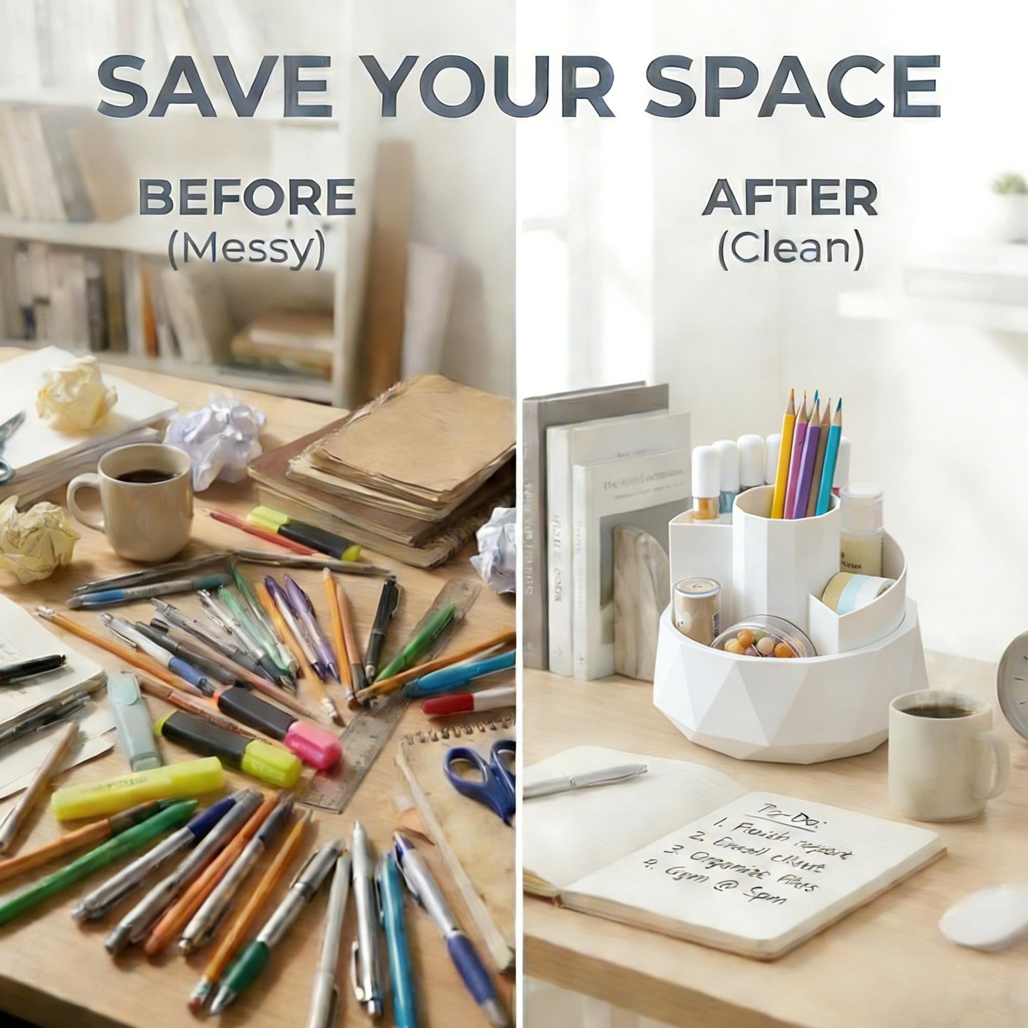 Dlicoda 360° Rotating Pen Holder, Large Capacity Pencil Organizer with 4 Compartments for Office and Art Supplies (White)
