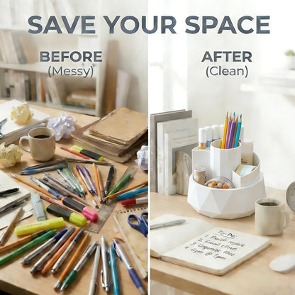 Dlicoda 360° Rotating Pen Holder, Large Capacity Pencil Organizer with 4 Compartments for Office and Art Supplies (White)