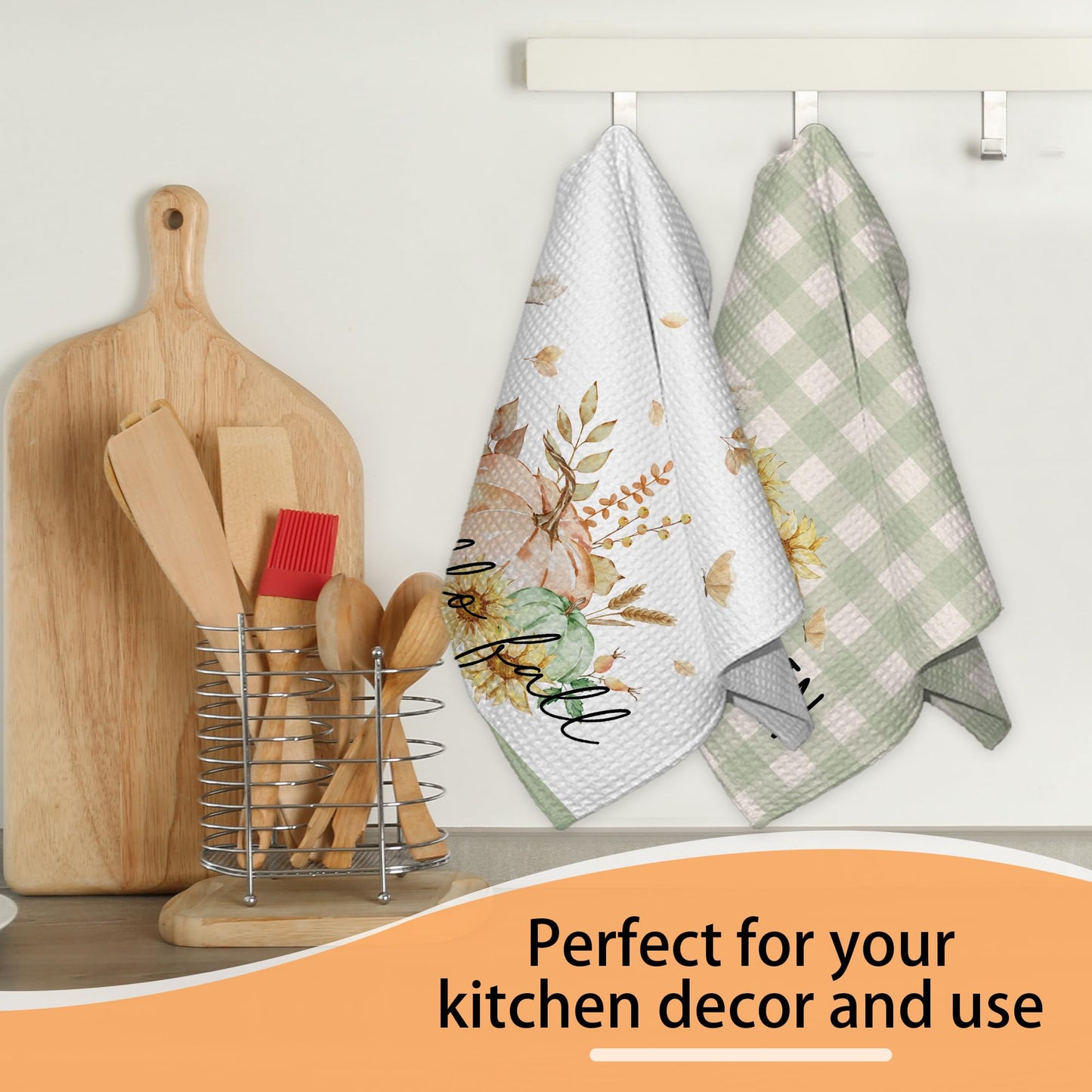 RPLCSPC Hello Fall Decorative Kitchen Towel Gift, Pumpkin Floral Dish Towels, Birthday Housewarming Gift Ideas for Family Friends, Farmhouse Home Fall Seasonal Decoration(Set of 2)-C13