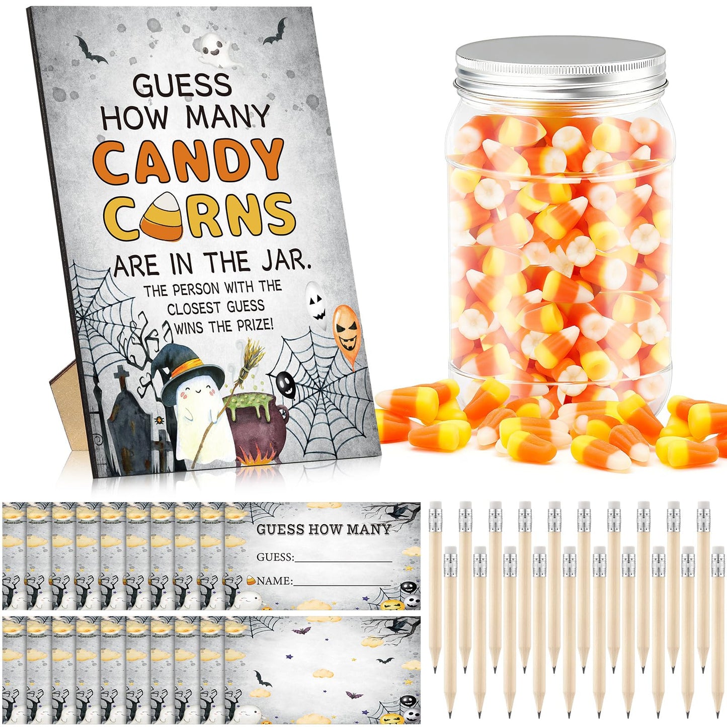 Honeydak Guess How Many Candy Corns Halloween Party Game for Adults Include 50 Guessing Cards 20 Pencils 1 Jar 1 Standing Sign Halloween Candy Corn Guessing Game