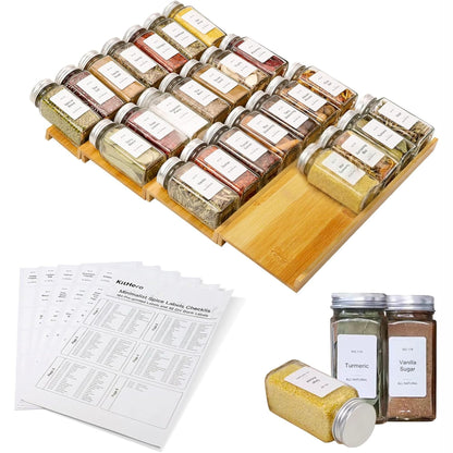 KitHero Spice Drawer Organizer with 28 Spice Jars and 216 Labels,Non-slip Rubber, Bamboo 4 Tier Spice Racks Tray Seasoning Containers for Kitchen Drawers,Cabinets,Countertops,13" Wide * 15.8" Deep