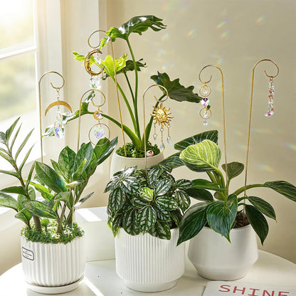 HDCRYSTALGIFTS 6PCS Small Trellis with Crystal Sun Catchers for Potted Plants, 13.5inch Fairy Garden Plant Stakes Suncatchers for Mini Potted Indoor Outdoor Decorations (Sun & Moon Styles)
