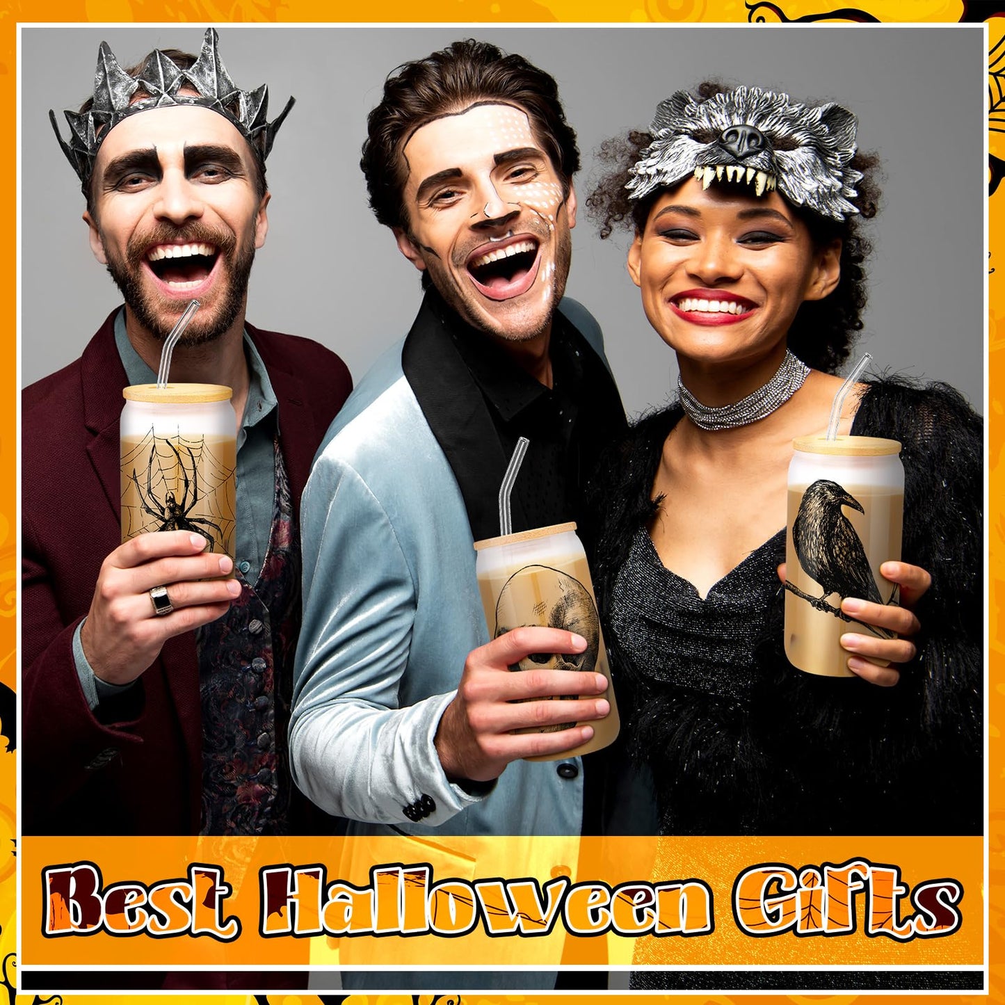 SiliFine 3 Pcs Gothic Christmas Spooky Drinking Party Glasses 16 Oz Goth Spider Web Skull Crow Iced Coffee Cups With Lid Straws Christmas Birthday White Elephant Gifts For Girls Friends