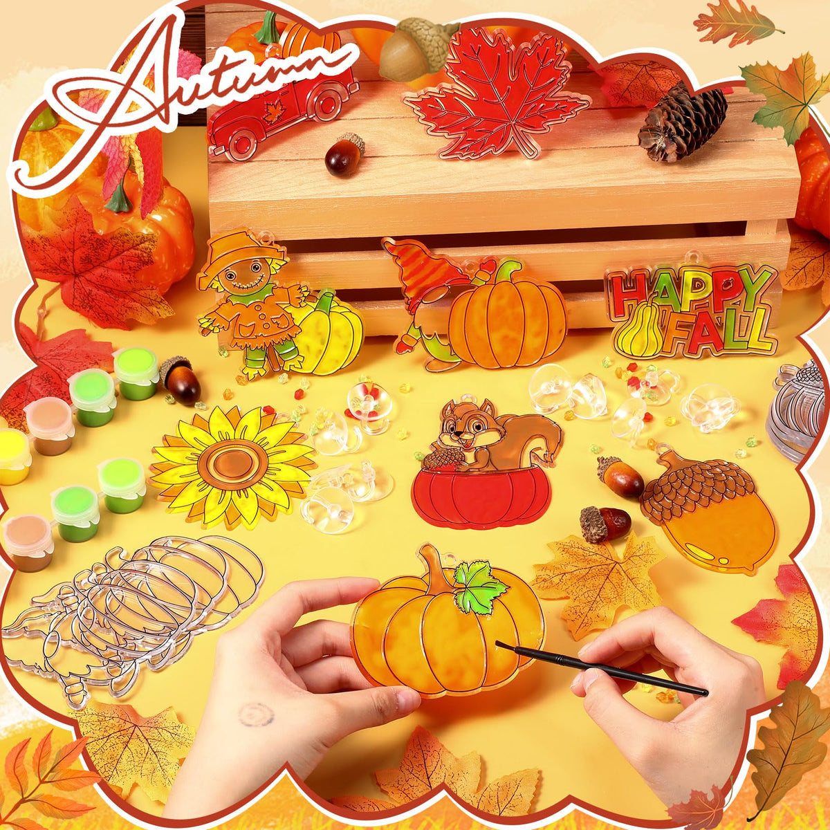 Pasimy 36 Sets Fall Crafts Kit Pumpkin Leaf Suncatchers Paint Your Own Autumn Window Hanging Ornaments Decorations DIY Thanksgiving Activities Arts Classroom Project Harvest Party Favors(Harvest)
