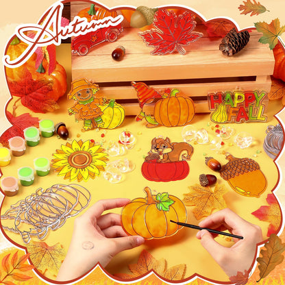 Pasimy 36 Sets Fall Crafts Kit Pumpkin Leaf Suncatchers Paint Your Own Autumn Window Hanging Ornaments Decorations DIY Thanksgiving Activities Arts Classroom Project Harvest Party Favors(Harvest)
