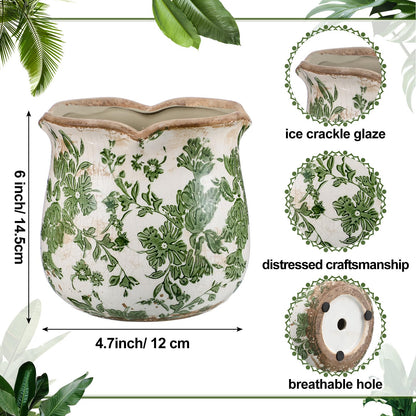 Newtay 6 Inch Ceramic Planter Green Scroll Planter Decorative Plant Pots with Crackle Glaze for Home Garden Kitchen