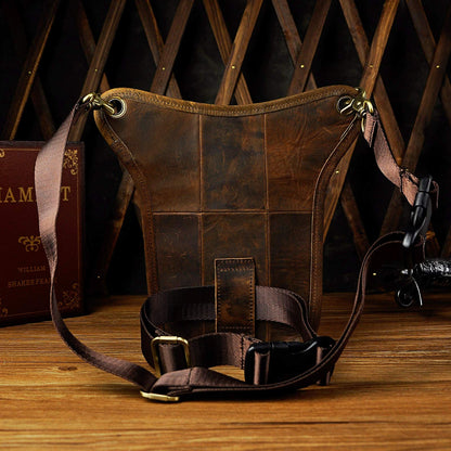 Le'aokuu Mens Genuine Leather Messenger Hiking Waist Hip Bum Pack Drop Leg Bag 211-3 1 Dark Brown