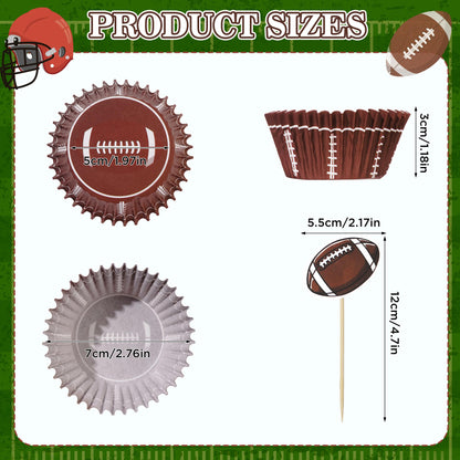 Glavatrix Football Cupcake Liners and Toppers, 200PCS Touch Down & Football Pattern Baking Cups Muffin Wrappers with 36PCS Cupcake Picks for Sports Game Day Baby Shower Birthday Party Cake Decorations
