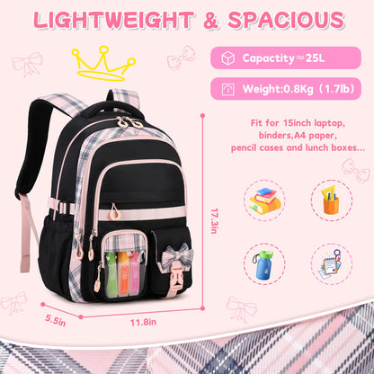 QIXIHU Girls Backpack, 17-Inch Bookbag for Middle & Elementary School, Kawaii Kids Backpack for Girls Ages 6-12(Black Pink)