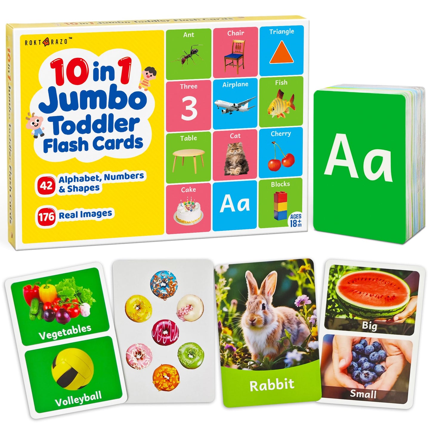 rokt&razo 96 Jumbo Toddler Flash Cards, 10 Topics, 176 Real Images | Alphabet, Numbers, Colors, Shapes & Daily Objects, Fruits - Learning Activities for Ages 1-3, Preschool Educational Tool