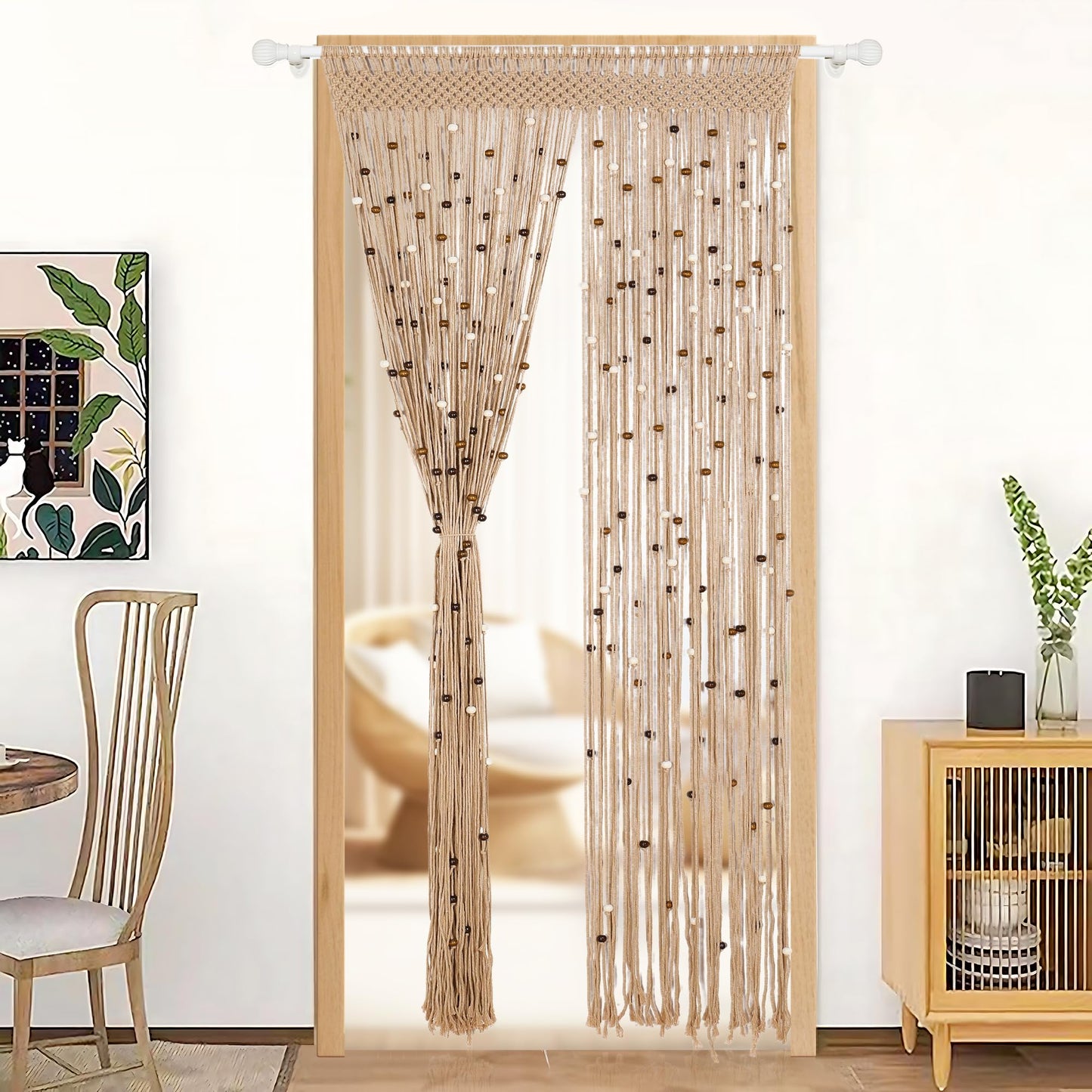 BECHAEO Macrame Beaded Curtain Boho Handmade Cotton Door String Curtain for Doorway Window Wooden Beads Hanging Hippie Room Divider Closet Bedroom Privacy Decor, 1 Panel 79" x 35"