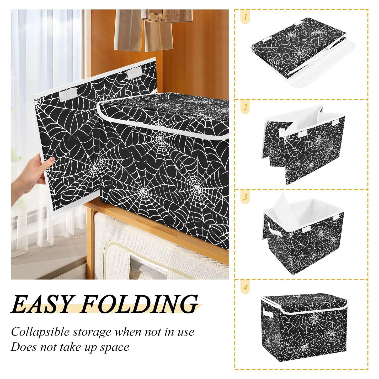 Bolaz Storage Bins with Lids and Handles,Halloween Gray Spider Web Storage Box Basket with Cover Collapsible Organizer Containers for Home Closet, Shelves